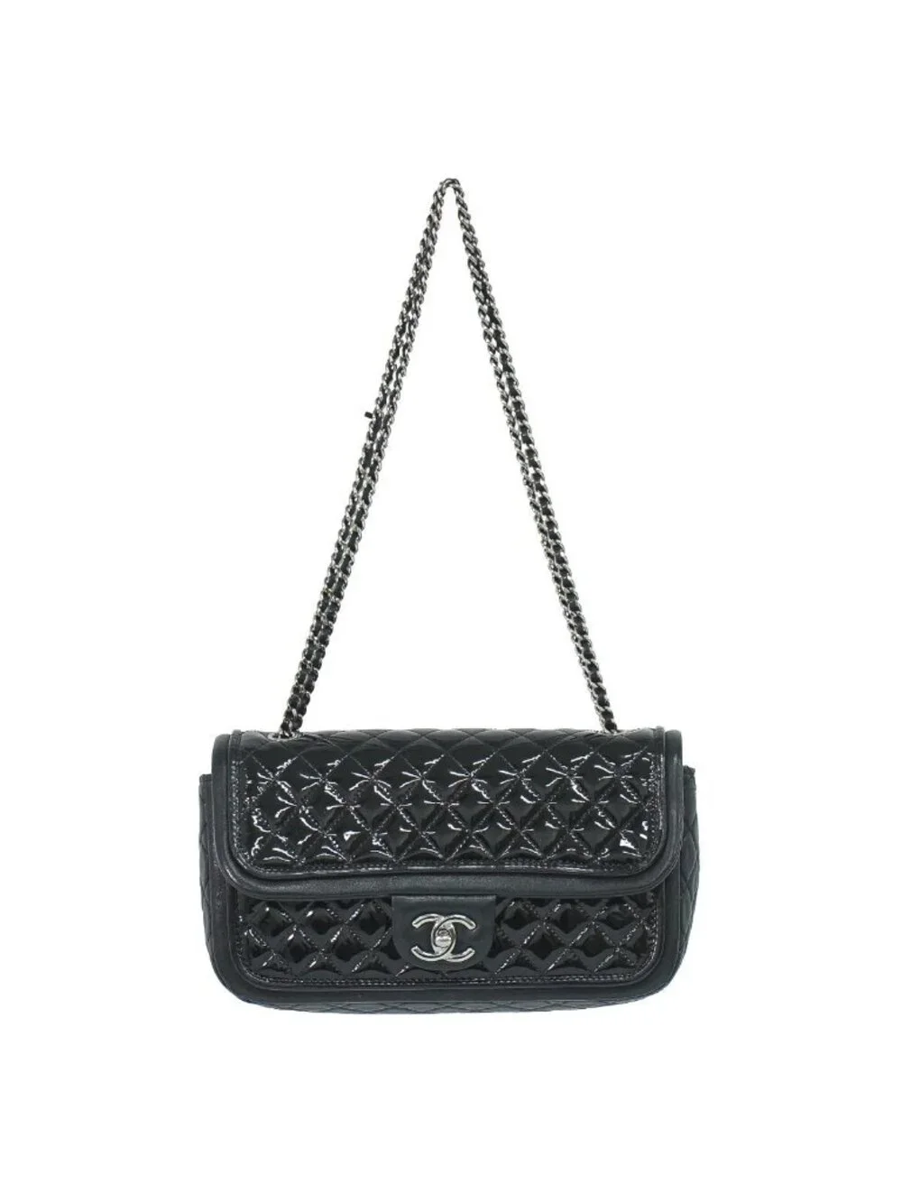 Chanel CC Logo Quilted Chain Shoulder Bag Patent Leather Black